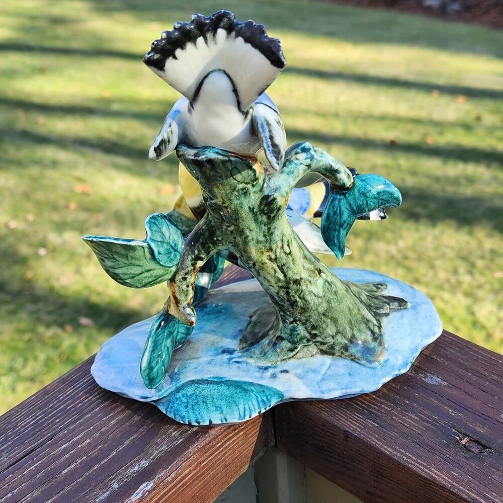 Stangl Pottery Bird 3756 Double Audubon Warblers on w Branch Yellow Flower Large - Picture 4 of 11